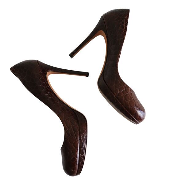 Ann Taylor Womens Leather Pumps Size 8 Faux Croc Embossed Brown Classy Heels - Picture 5 of 12